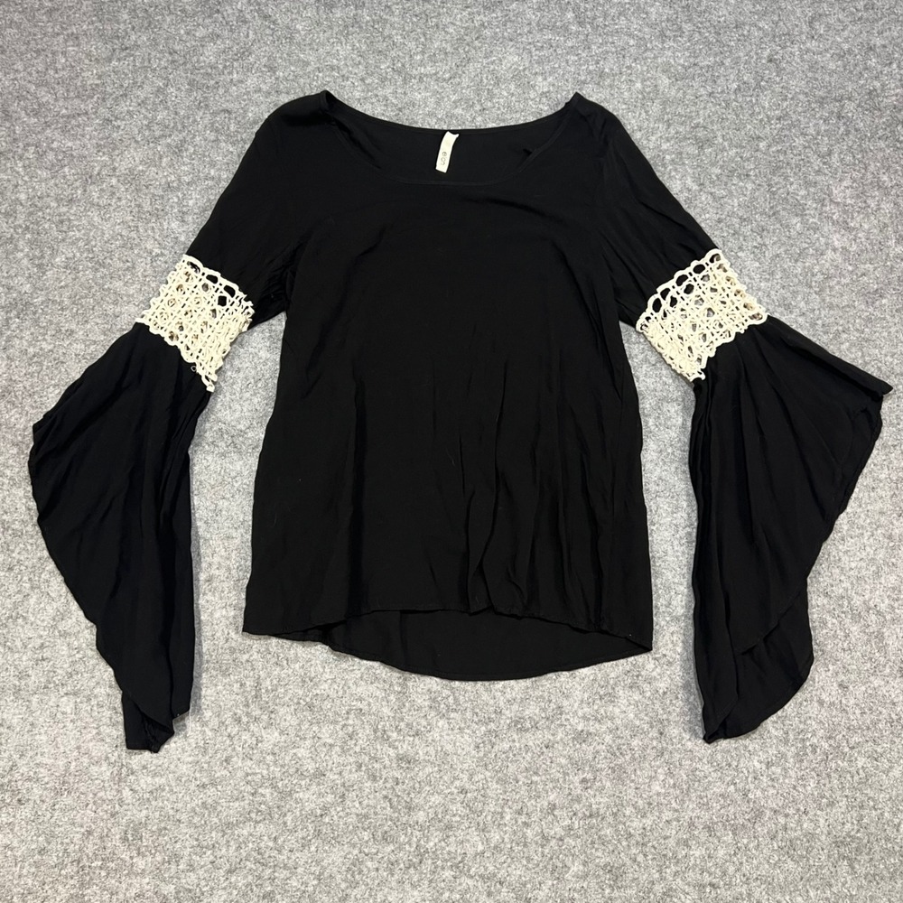 Elan Black Crochet Bell Sleeve Boho Flowy Top Blouse Women Small - Tag Reads LG